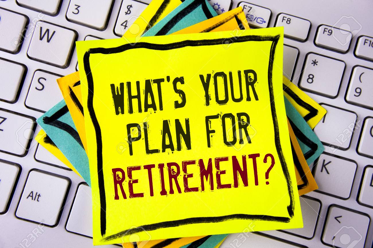 Writing note showing  What IS Your Plan For Retirement Question. Business photo showcasing Thought any plans when you grow old written on Yellow Sticky note paper placed on White Keyboard. Top view.